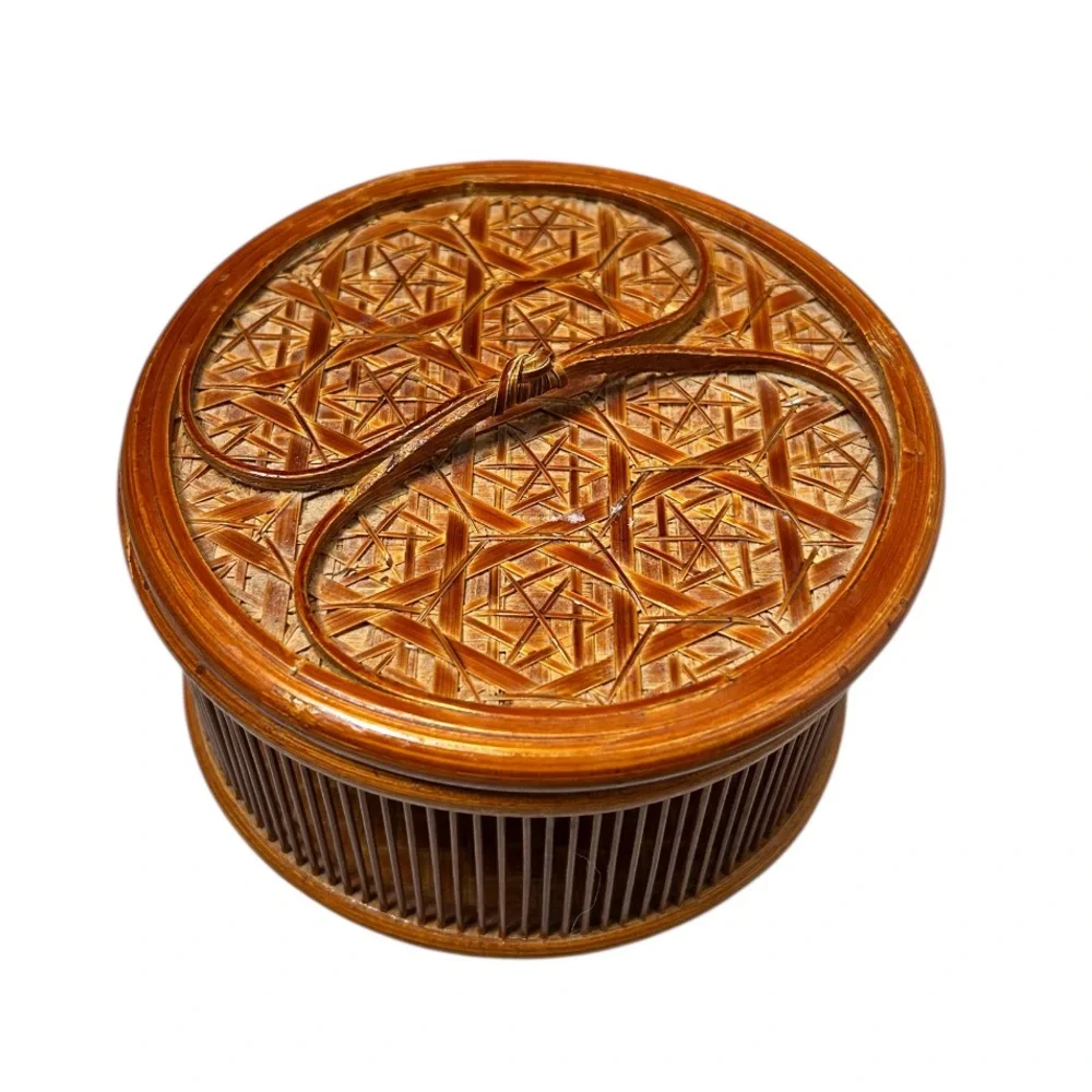 Vintage Asian Lacquered Handmade Open Weave Bamboo Box With Lid